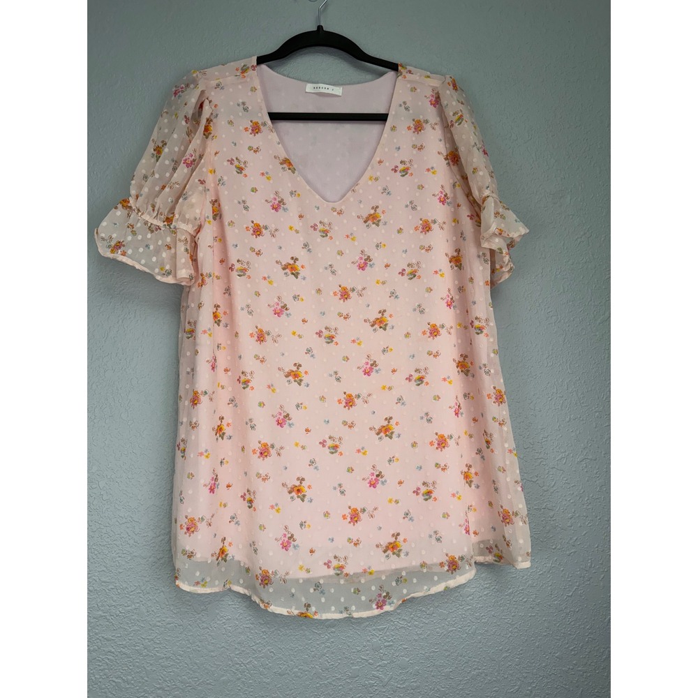 Reborn J Pink Floral Swiss Dot V-Neck Blouse Puff Ruffle Sleeve W5698-W35 Medium